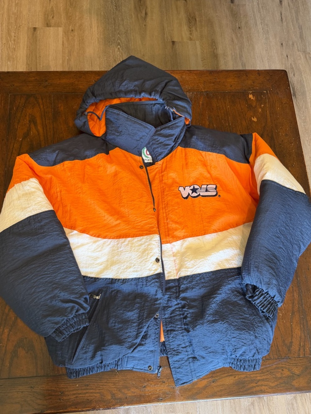 Vintage CSC Sportswear Colorblock Puffer Jacket Hooded Orange Navy Cream Nylon